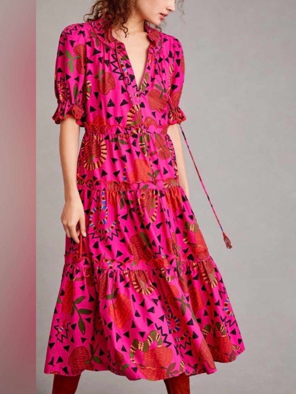 FARM RIO Pink Floral Tiered Midi Dress SIZE XS NWOT
